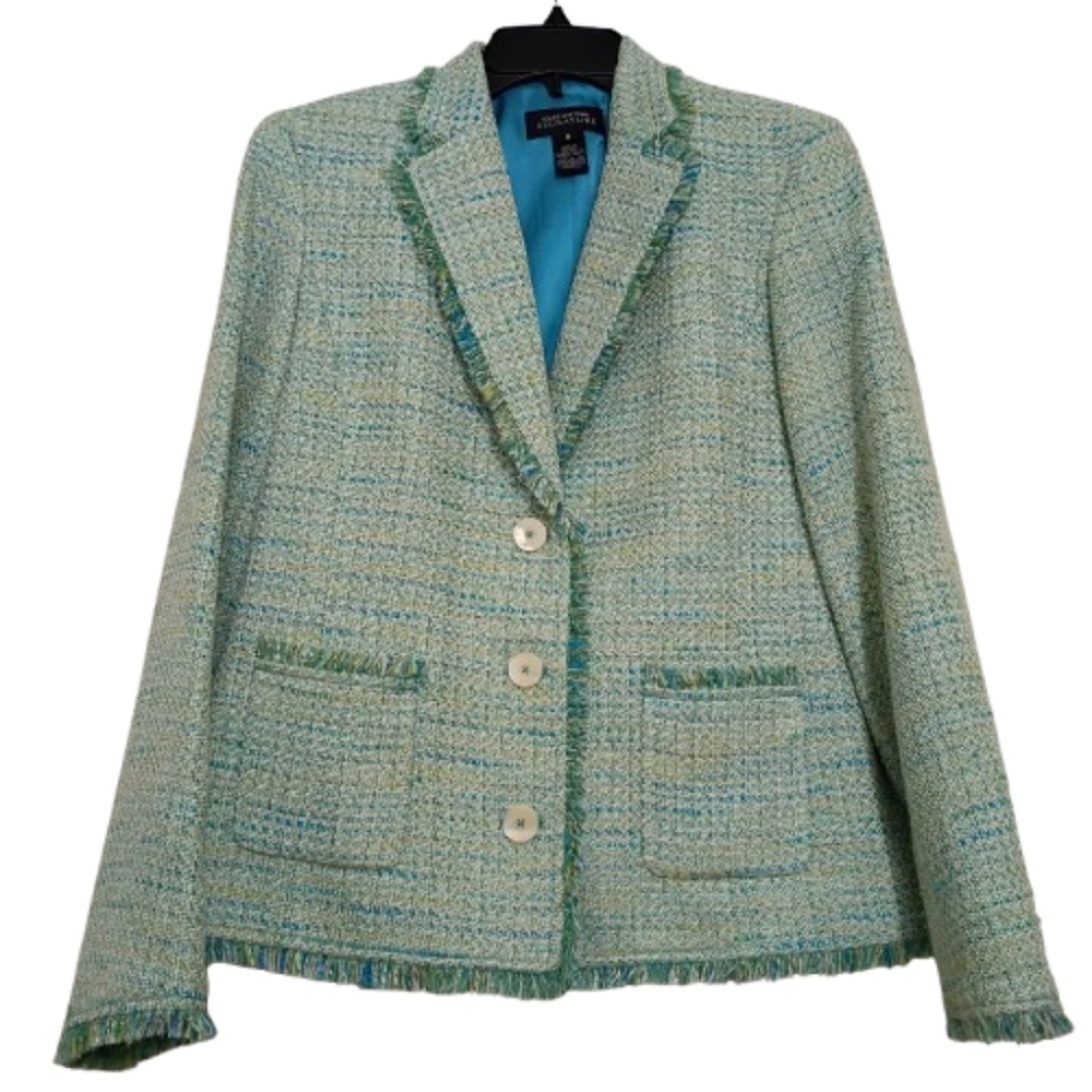 Jones NY Signature Tweed 90's Fringe Text Jacket 8 Fringe Old Money Chic Classic